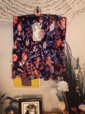 Navy Floral Mini Skirt with Coral Accents